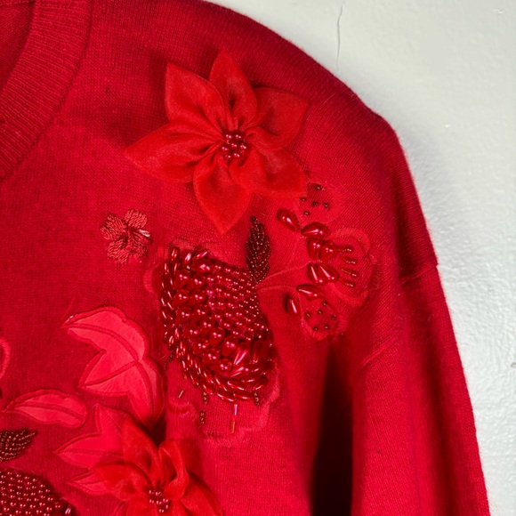 vintage cranberry red embroidered beaded holiday sweater angora wool HONG KONG - Picture 2 of 14